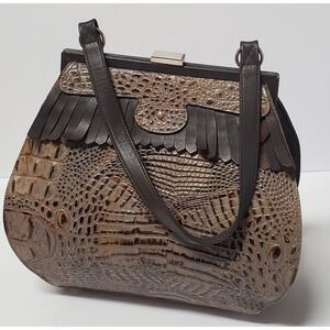 VTG Purse M.McG Merrell McGinnis Croc Emboss Handbag Brwn Fringe Snap Close Gold